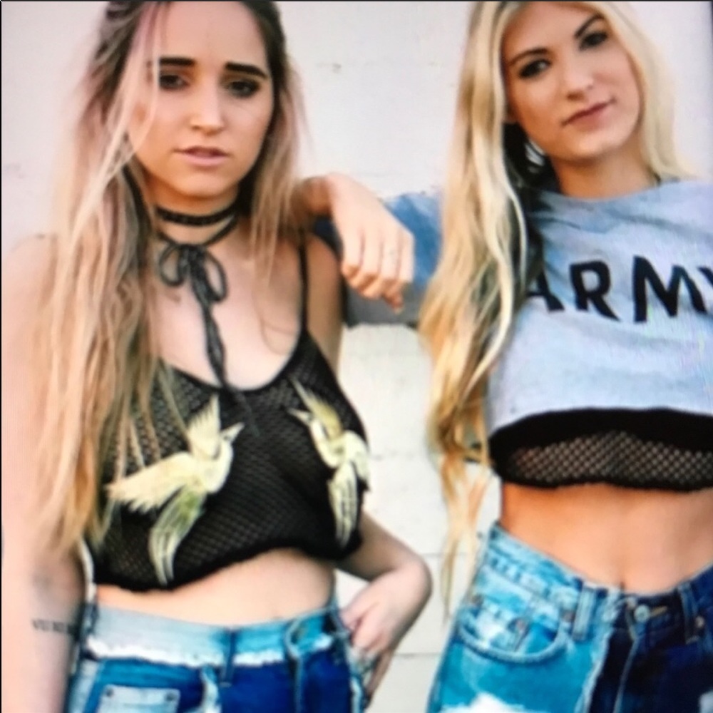 LF Black gold mesh crane bird crop top sz S
